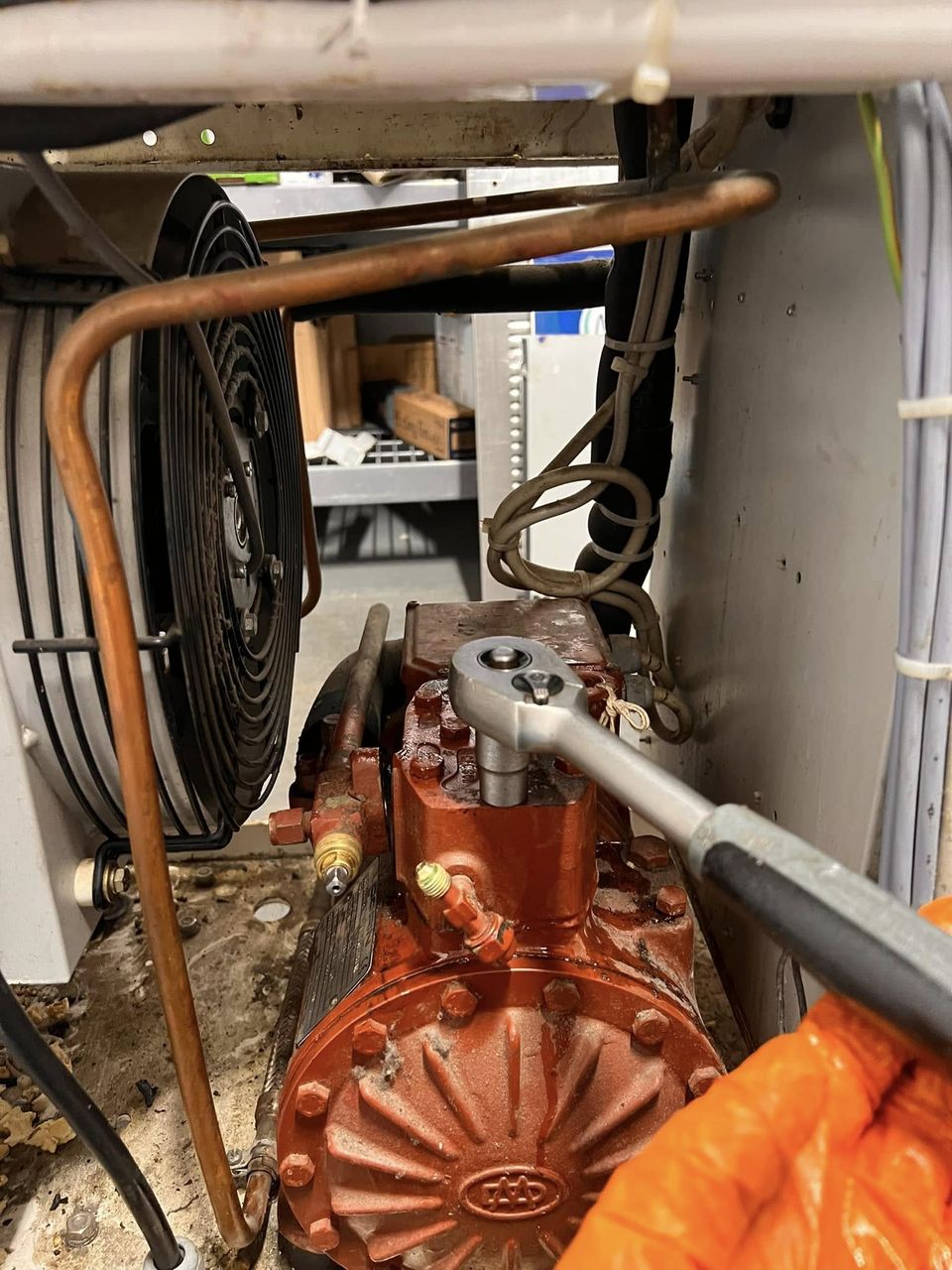 Compressor inside a Carpigiani ice cream machine